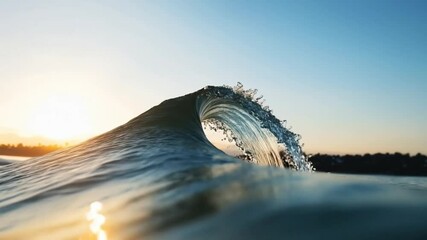 Poster - Wave Crest Sparkling Under Sunset Light on a Serene Beach Generative AI