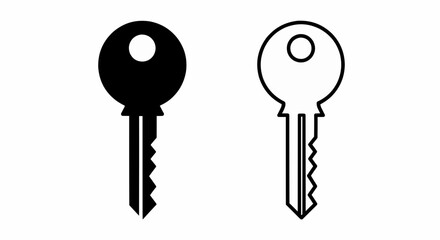 Aufkleber - This high-quality vector image features two minimalist key icons: a solid black silhouette and a bold black outline, both with a circular head and jagged teeth, all with fine details.