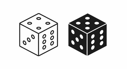 Aufkleber - This high-quality vector image features two minimalist isometric dice icons: a thick black outline with black dots and a solid black silhouette with white dots, all with fine details.
