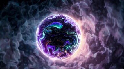 Poster - Abstract glowing sphere with colorful swirls on dark background  