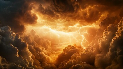 Wall Mural - Fiery storm clouds with bright lightning bolts illuminating turbulent sky, creating dramatic thunderstorm full of energy and power, showcasing electricity and intense weather phenomena in nature