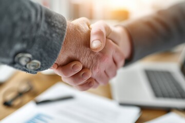 Poster - Two business people shaking hands after reaching an agreement, with documents and laptop on the desk in the background