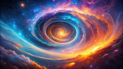 Wall Mural - Cosmic Vortex A swirling nebula of vibrant hues, celestial dust, and radiant energy, forming a mesmerizing spiral within a vast expanse of stars.