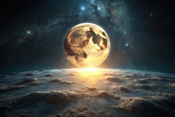 Wall Mural - A Glowing Celestial Body Rises Above a Cratered Landscape in the Vast Expanse of Space