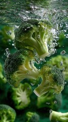 Aufkleber - Fresh Broccoli Florets Splashing in Water, Showcasing Healthy Eating and Sustainable Agriculture, Ideal for Food Bloggers and Nutrition Campaigns : Generative AI