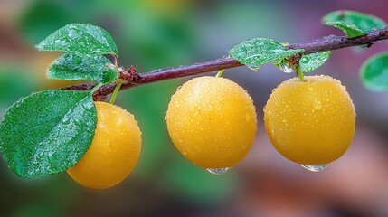 Poster - Three Yellow Plums on a Branch With Water Droplets, Symbolizing Freshness and Healthy Eating for a Nutrition Campaign : Generative AI