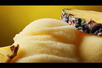 Poster - Close-Up of Pineapple Sorbet Dessert on Yellow Backdrop, Representing Refreshment and Summer Indulgence for Food and Beverage Advertising : Generative AI