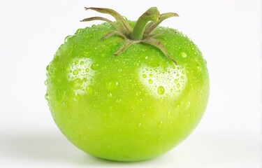 Aufkleber - Fresh Green Tomato Covered in Water Droplets on White Background, Symbolizing Healthy Eating and Agricultural Innovation : Generative AI