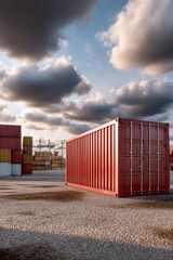 Aufkleber - Red Cargo Container in Shipping Yard Under Cloudy Sky, Representing Global Trade and Supply Chain Management Solutions : Generative AI