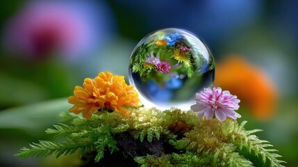 Poster - Colorful Flowers and Orb on Mossy Surface, Symbolizing Natural Beauty and Environmental Awareness, Perfect for a Springtime Campaign : Generative AI