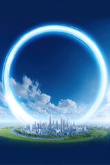 Poster - Futuristic Cityscape Under a Glowing Portal With Blue Sky, Representing Innovation and Technological Advancement in Urban Planning and Infrastructure Projects : Generative AI