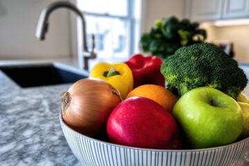 Aufkleber - Fresh Fruits and Vegetables in Bowl on Kitchen Counter, Symbolizing Healthy Eating and Nutrition Education for Culinary Arts : Generative AI