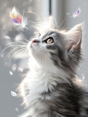 Poster - Gray Kitten Gazing Up At Floating Feathers in Dreamy Light, Evoking Innocence and Childhood Wonder, Perfect for Pet Care or Adoption Campaigns : Generative AI