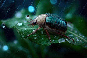 Poster - Emerald Beetle Resting on a Leaf in the Rain, Showcasing Nature's Beauty and Environmental Awareness for Conservation Projects : Generative AI