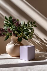 Poster - Minimalist Still Life With Lilac Box and Flower Arrangement, Ideal for Product Mockups and Promoting Serenity and Wellness in Interior Design Projects : Generative AI