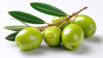 Poster - Fresh Green Olives on a Branch, Symbolizing Natural Nutrition and Mediterranean Culinary Heritage for Food Bloggers and Healthy Lifestyle Campaigns : Generative AI
