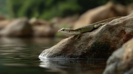 Poster - Lizard Resting on Rock Near Water, Symbolizing Wildlife Conservation and Natural Serenity in a Lush Environment, Ideal for Ecotourism Campaigns : Generative AI