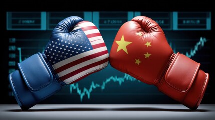 Aufkleber - USA Versus China Boxing Gloves Clash Over Stock Market Chart, Symbolizing Trade War and Global Competition : Generative AI