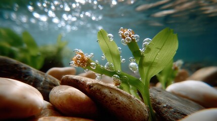 Aufkleber - Underwater Plant With Bubbles Among River Stones, Symbolizing Natural Beauty and Environmental Awareness for Conservation Projects : Generative AI