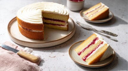 Poster - Layered Cake With Raspberry Jam and Cream Cheese Frosting, Representing Celebration and Culinary Indulgence, Perfect for Recipe Blogs and Food Photography : Generative AI