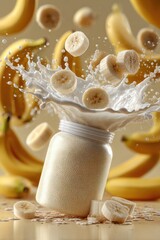 Poster - Banana Slices and Milk Splash Out of Jar, Representing Healthy Eating and Nutritional Supplementation for Wellness and Vitality, Promoting a Balanced Diet : Generative AI