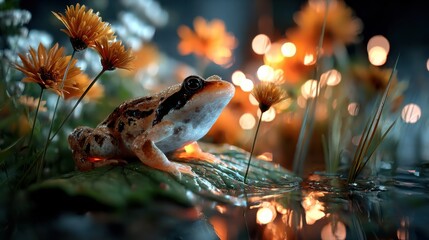 Aufkleber - Frog Sitting on a Leaf Surrounded by Flowers in a Pond at Night, Symbolizing Natural Beauty and Environmental Awareness : Generative AI