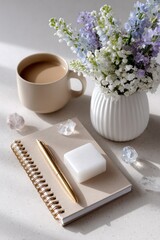 Poster - Flowers in Vase With Coffee and Notebook on Desk, Representing Creativity and Productivity in a Calm Workspace for Content Creation and Relaxation : Generative AI