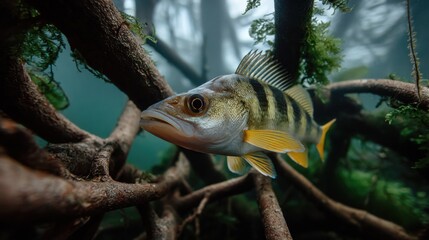 Poster - Yellow Perch Swimming Underwater Among Mossy Branches, Illustrating Wildlife Conservation and Aquatic Ecosystems : Generative AI