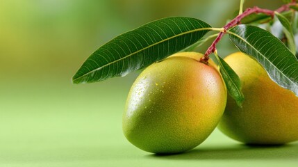 Poster - Fresh Mangoes on a Branch Against Green Backdrop, Showcasing Tropical Flavor and Healthy Eating for Food Bloggers and Recipe Developers : Generative AI