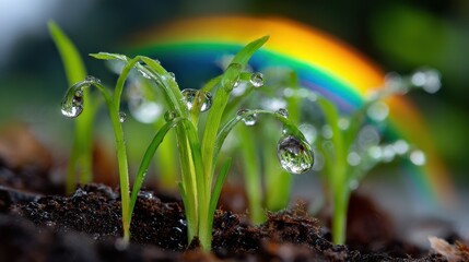Aufkleber - Close-Up of Seedlings With Water Droplets Reflecting Rainbow, Illustrating Growth and Environmental Awareness and Representing New Beginnings : Generative AI