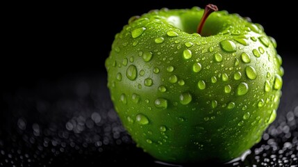 Poster - Close-Up of a Green Apple Covered in Water Droplets on a Black Surface, Ideal for Healthy Eating and Wellness Campaigns : Generative AI