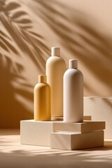 Poster - Three Pastel Cosmetic Bottles on Beige Blocks With Palm Shadows, Representing Beauty Product Mockups and Minimalist Branding : Generative AI