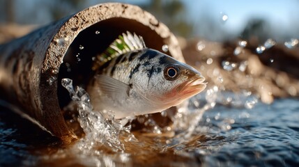 Poster - Fish Leaping From Pipe Into Water, Symbolizing Environmental Renewal and Ecosystem Recovery for Conservation Campaigns : Generative AI