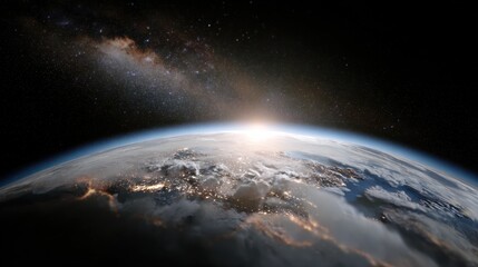 Poster - Earth From Space at Night With City Lights and Milky Way, Representing Global Connectivity and Environmental Awareness in a Stunning Visual : Generative AI