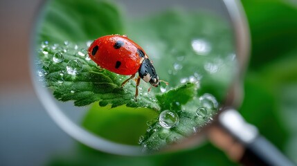Poster - Ladybug on Leaf With Water Droplets Under Magnifying Glass, Symbolizing Environmental Research and Scientific Discovery : Generative AI