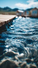 Poster - Wooden Dock Overlooking Sparkling Lake Water, Representing Vacation Getaway and Tranquil Relaxation for Travel and Tourism : Generative AI