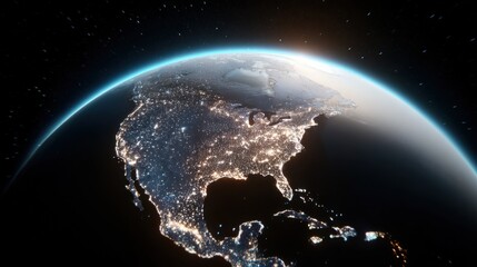 Poster - Earth From Space at Night, Showing City Lights Over North America, Depicting Global Connectivity and Technological Advancement : Generative AI