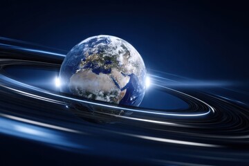 Poster - Earth With Orbiting Rings Against Dark Blue Space, Symbolizing Global Connectivity and Technological Advancement for International Business : Generative AI