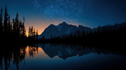 Poster - Mountain Range and Starry Sky Reflected in Lake at Night, Representing Peaceful Escape and Outdoor Adventure Tourism : Generative AI