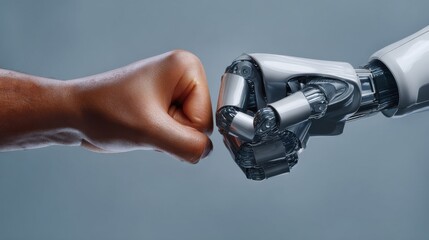 Poster - Human and Robot Fists Bumping, Symbolizing Artificial Intelligence Integration and Future Collaboration in Technology Solutions : Generative AI