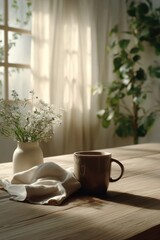 Poster - Morning Coffee Cup on Wooden Table with Flowers in Natural Light, Representing Comfort and Simple Pleasures for Lifestyle Content : Generative AI