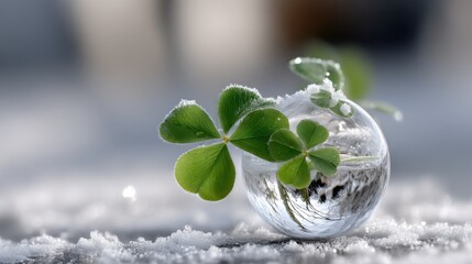 Aufkleber - Four-Leaf Clover in Glass Orb on Snowy Surface, Representing Good Luck and Environmental Awareness for a Sustainable Future : Generative AI