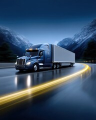 Aufkleber - Blue Semi-Truck Transporting Cargo on Highway at Night, Showcasing Logistics and Global Trade, with Mountains in the Distance : Generative AI
