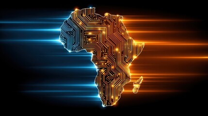 Aufkleber - Africa Continent Shaped Like a Circuit Board With Blue and Orange Lights, Symbolizing Technology Innovation and Digital Transformation in Global Business : Generative AI