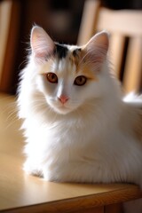 Poster - Calico Cat Relaxing on Wooden Table in Natural Light, Depicting Comfort and Pet Ownership : Generative AI