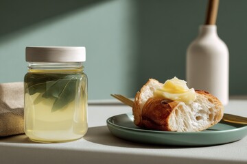 Poster - Still Life of Bread With Butter and Infused Water in Glass Jar, Representing Healthy Eating Habits and Nutrition Awareness : Generative AI