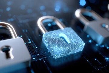 Poster - Digital Padlocks on Circuit Board Representing Cybersecurity, Data Protection, and Network Security Solutions : Generative AI