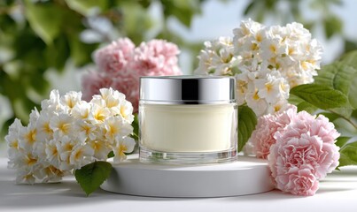 Poster - Elegant Cream Jar on a White Pedestal Surrounded by Flowers, Showcasing Beauty and Natural Skincare Products for Wellness and Self-Care : Generative AI