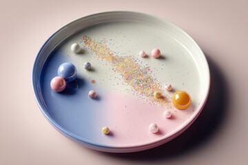 Poster - Pastel Colored Spheres and Sprinkles on a Plate, Symbolizing Celebration and Sweet Indulgence for Product Presentation and Creative Food Photography : Generative AI