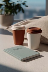 Poster - Two Coffee Cups and a Notebook on a Desk, Representing Morning Routine and Productivity in Remote Work and Freelancing : Generative AI
